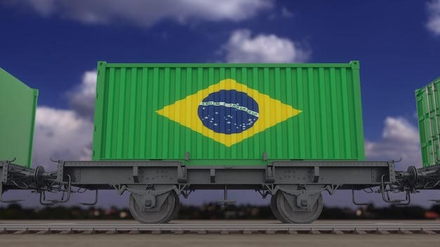 A cargo ship filled with containers with the Brazilian flag painted on them, heading towards the horizon, symbolizing increased exports. The sun is rising, suggesting new opportunities.