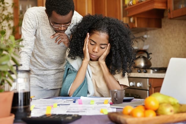 A Brazilian family discussing finances at their kitchen table, looking worried. Visual elements include bills, a budget spreadsheet, and a calculator. Atmosphere should be serious.