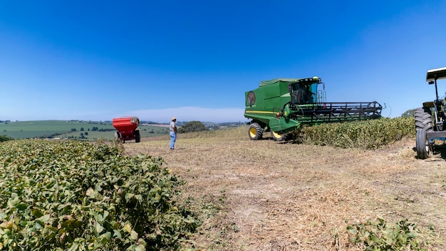 A field of soybeans being harvested in Brazil, illustrating the country's agricultural industry and its reliance on fuel for machinery and transportation.