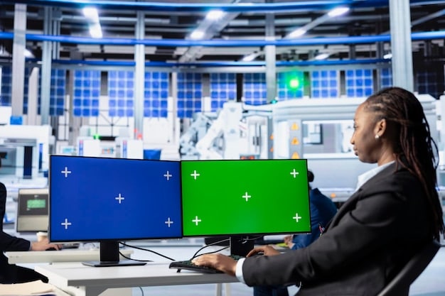 A modern and efficient power grid control center with screens displaying real-time energy consumption data, demonstrating the use of technology to optimize energy use.