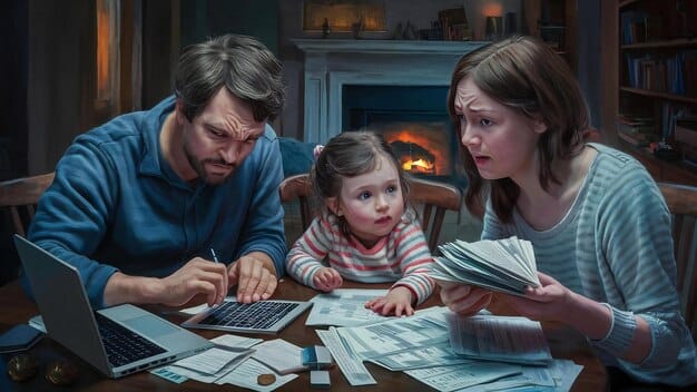 A worried-looking family examining their bills in a dimly lit room, illustrating the concern about the rising costs of living due to potential tax changes.