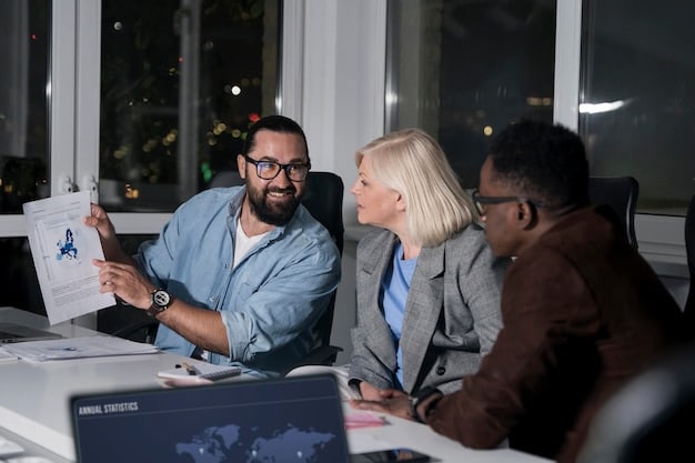 A group of diverse professionals discussing financial charts and data in a modern office setting. They are collaborating and analyzing trends, with a focus on the potential for growth and opportunities in the Brazilian stock market.