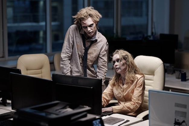 A medium shot of a group of people sitting at a trading desk, looking stressed and anxious at computer screens showing red numbers going down.