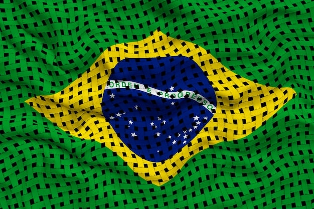 A graphical representation of the Brazilian flag with cracks appearing across it, symbolizing the strains on the Brazilian economy due to the war in Ukraine. Include downward trending arrows to indicate economic decline.