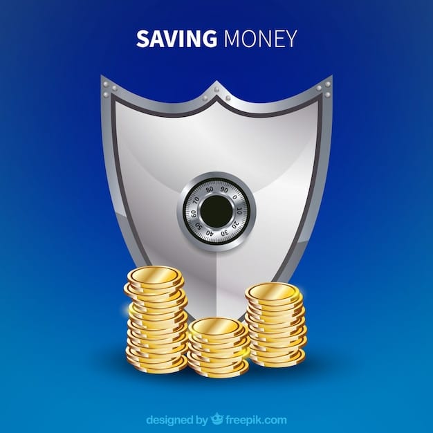 A visual representation of currency insurance, depicted by a shield protecting various currency symbols, representing stability and reduced risk. Use a metallic texture for the shield.
