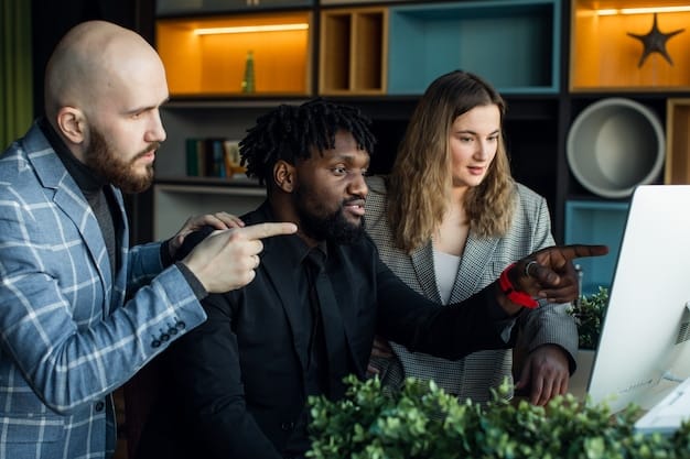 A diverse group of people in a coworking space, collaborating on a project using AI-powered software on their laptops. The atmosphere is dynamic and innovative, highlighting the integration of AI in modern work environments in Brazil.