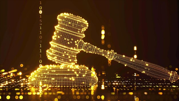 A gavel resting on a book with binary code cascading in the background, symbolizing the intersection of law and technology in Brazil. The image emphasizes the need for responsible regulation of AI within the Brazilian legal system.