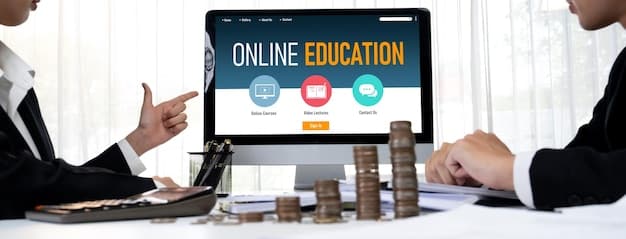 An online course platform interface showcasing various business skills courses such as Leadership, Project Management, Finance, and Marketing, with graphics representing each category.