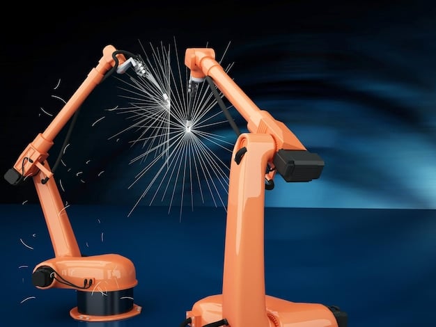 A close-up shot of a robotic arm welding components in a modern factory setting. Sparks flying and precise movements showcasing automation technology.