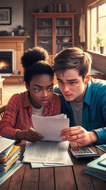 A visual representation of two students, one looking stressed and overwhelmed by loan documents, the other relaxed and confident, holding a tablet displaying a loan comparison app.