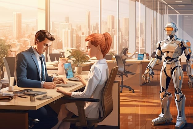 A digital illustration of a futuristic office environment with employees collaborating on projects using AI tools, highlighting the technological advancements expected in the Brazilian job market by 2025.