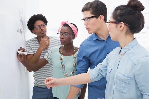 A group of diverse professionals brainstorming ideas on a whiteboard in a bright, modern office, emphasizing collaboration, creativity, and problem-solving.