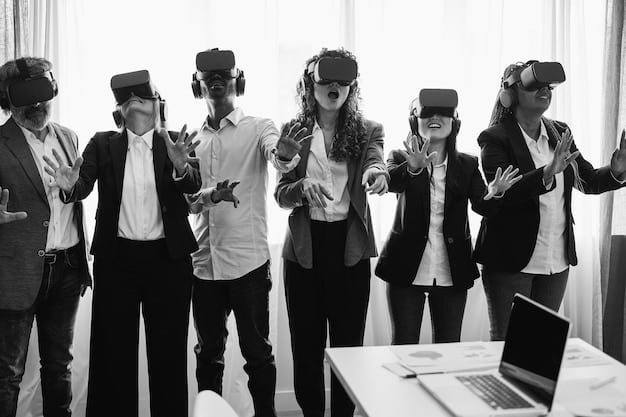A group of employees using VR headsets to simulate a complex work environment, showcasing hands-on learning in a safe and controlled digital space, improving skill retention and reducing on-the-job errors.