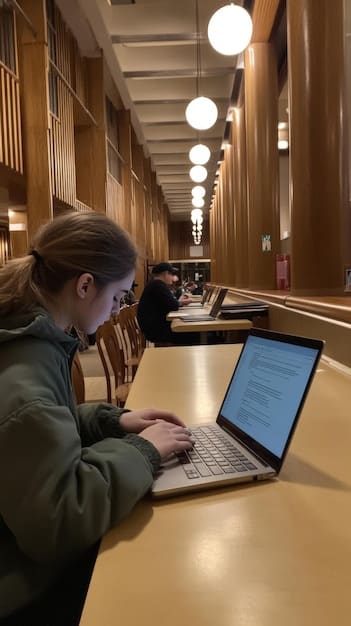 A student using a laptop in a university library, surrounded by books and research materials. The lighting is warm and inviting, and the student is focused on their work.