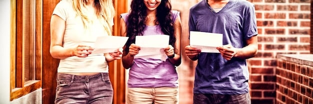 A young woman is happily holding acceptance letters from various universities, surrounded by her family who are celebrating with her. The scene is full of joy and accomplishment.