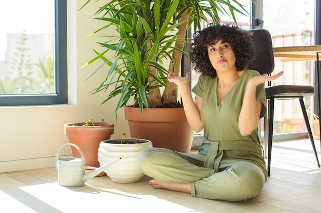 A person sitting comfortably with eyes closed, practicing mindful breathing in a modern, sunlit living room filled with plants, symbolizing a peaceful indoor environment for stress reduction.
