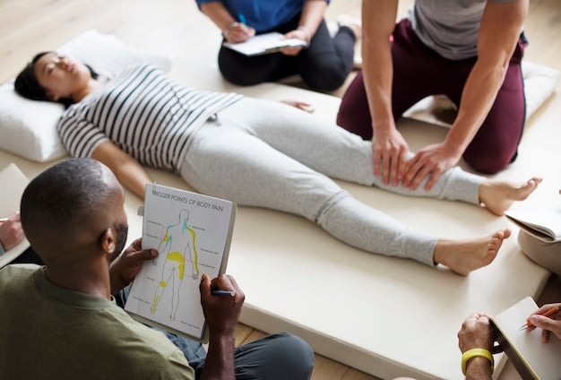 A diverse team is participating in a stress-relief workshop in their office. They are learning deep breathing exercises, guided by an instructor, promoting relaxation and mental clarity.