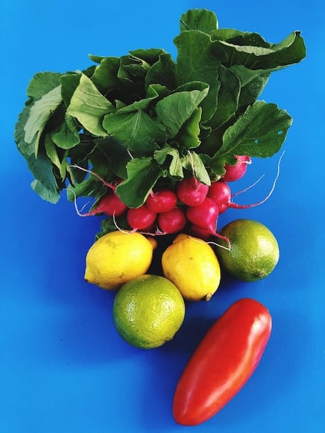 A close-up photo features a colorful assortment of fresh fruits and vegetables, including leafy greens, red berries, citrus fruits, and vibrant peppers, arranged artfully to showcase the diversity and abundance of heart-healthy, nutrient-rich foods.