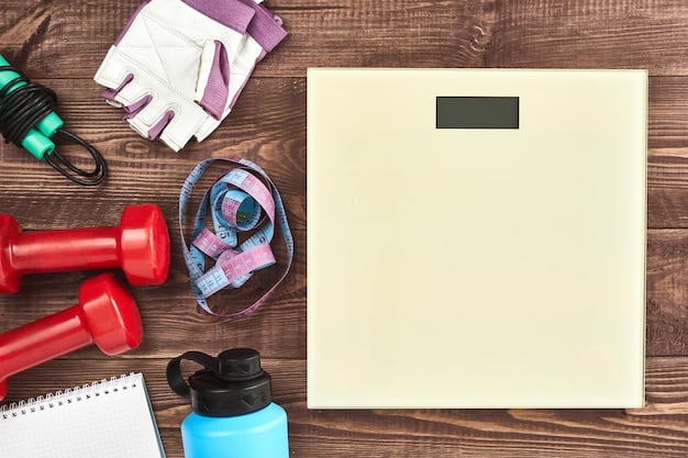 A set of weight scales placed on a wooden floor with a background of a health magazine and dumbbells, indicating a focus on weight management and physical fitness for cardiovascular health.