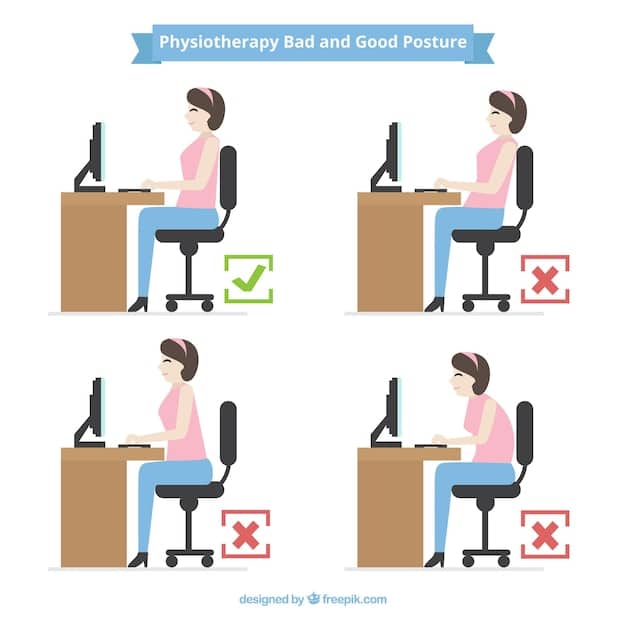 A person sitting at a desk with good ergonomic posture, showing correct back alignment and screen positioning