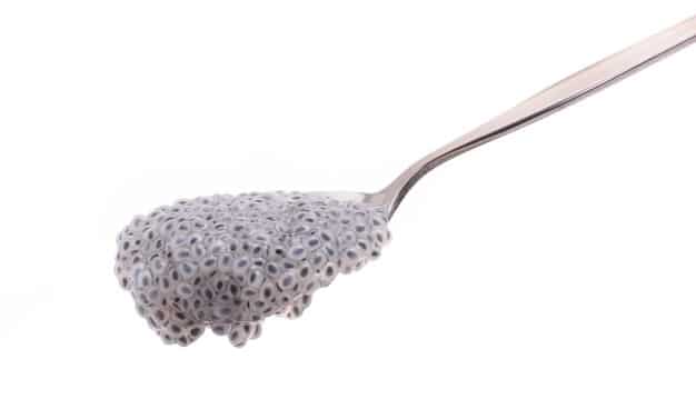 A macro shot of chia seeds being poured from a spoon, with their tiny, speckled appearance in sharp focus, against a blurred background to highlight their individual textures and unique composition.