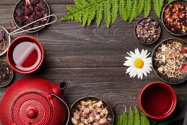 Top-down shot of a variety of dried herbs and spices arranged in small bowls around a teapot filled with steaming herbal tea, showcasing natural remedies for detox and wellness.