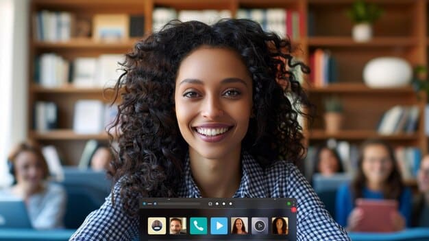A split-screen showing a Brazilian student attentively watching an online lecture on one side and skillfully applying new knowledge practically on the other, with relevant icons representing different skills.