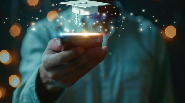 A Brazilian hand selecting a digital badge on a virtual platform showcasing completed online courses, with a graduation cap and diploma in the background, symbolizing achievement.
