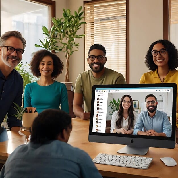 A diverse group of people participating in an online webinar, gesturing and looking attentively at their screens.