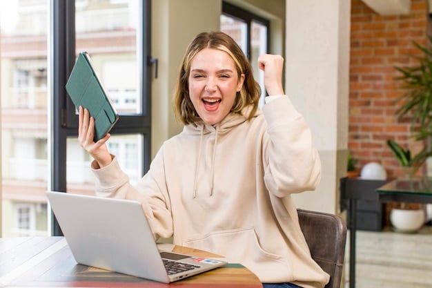 A young professional celebrating the completion of an online course, showing a certificate and smiling proudly.