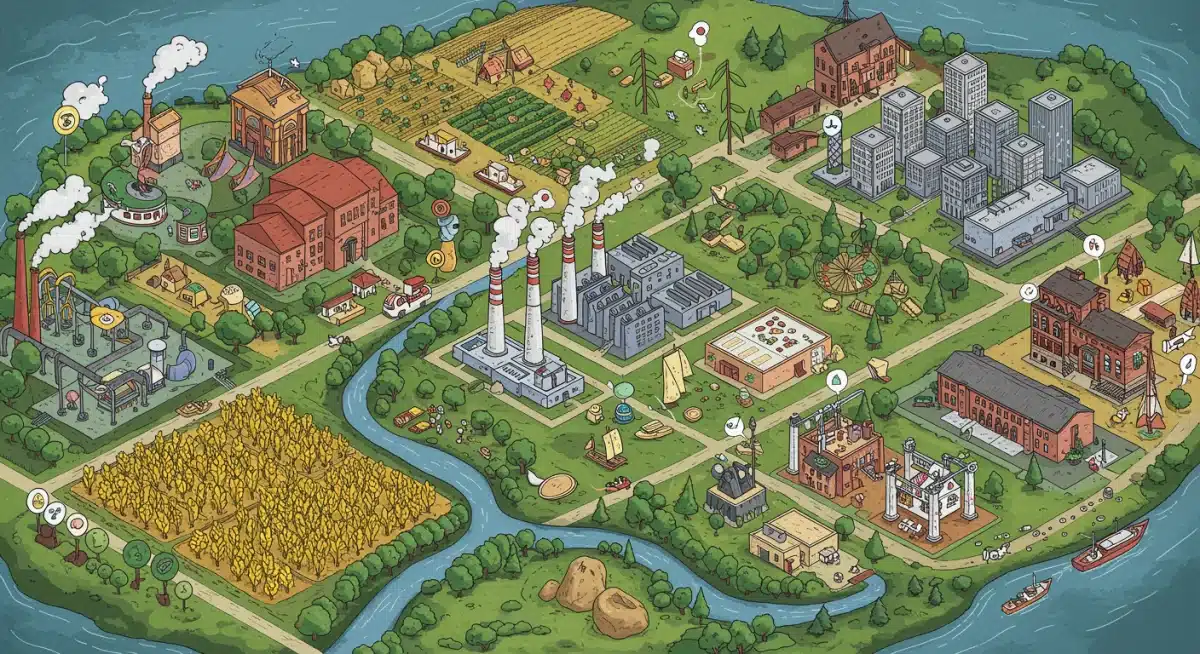 Ilustração de um cenário econômico brasileiro diversificado, com destaque para agricultura, indústria, tecnologia e serviços, simbolizando sinergia e crescimento.