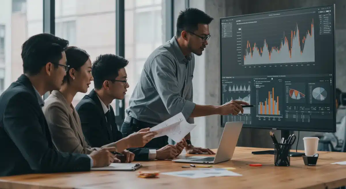 Profissionais analisando dados financeiros em um painel digital, representando a tomada de decisões estratégicas frente às mudanças na Selic.