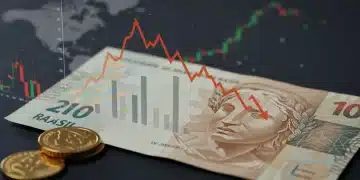 Gráfico financeiro com seta apontando para baixo sobre cédulas de Real, simbolizando a redução da taxa Selic e seus efeitos na economia brasileira.