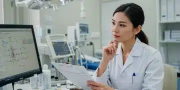 Médica analisando exames de rotina em um consultório, simbolizando a importância da checagem de saúde anual.