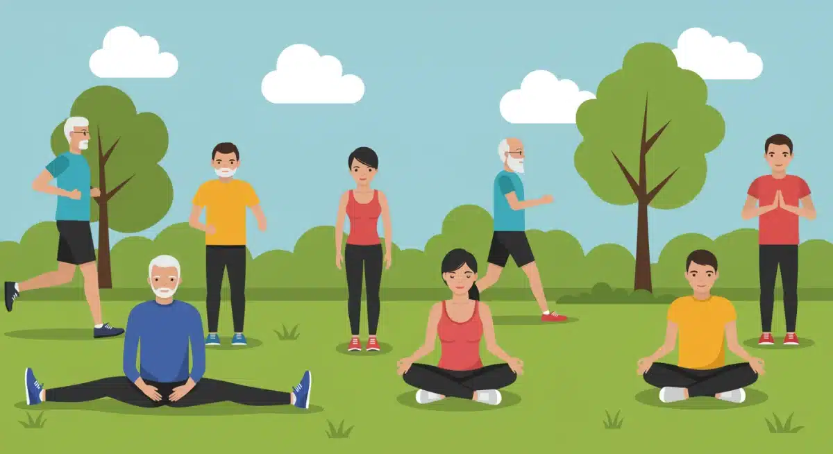 Pessoas de diferentes idades praticando atividades físicas ao ar livre, representando a prevenção e o bem-estar.