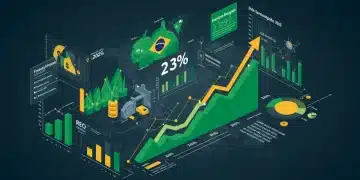 Infográfico detalhando projeções de crescimento do PIB brasileiro em 2025, com setas ascendentes e representações de setores-chave.