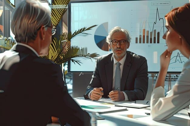 A professional consulting a financial chart or graph during a salary negotiation meeting, demonstrating they are well-prepared and informed about the company's performance. The mood is professional and data-driven.