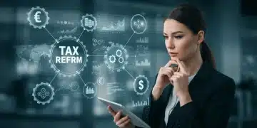 Mulher de negócios analisando gráficos em tablet com símbolos fiscais ao fundo, representando a reforma tributária de 2025.