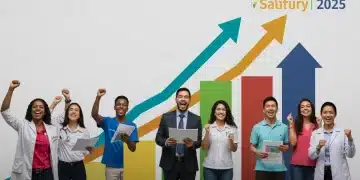 Profissionais diversos comemorando aumentos salariais e crescimento de carreira em 2025 no Brasil.