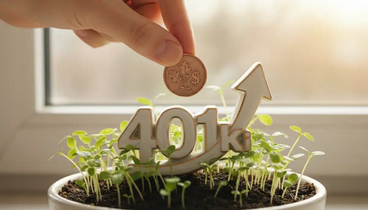 Hand contributing to a 401(k) piggy bank with growth symbols