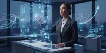 Professional adapting to AI with holographic interface, showing career growth and innovation