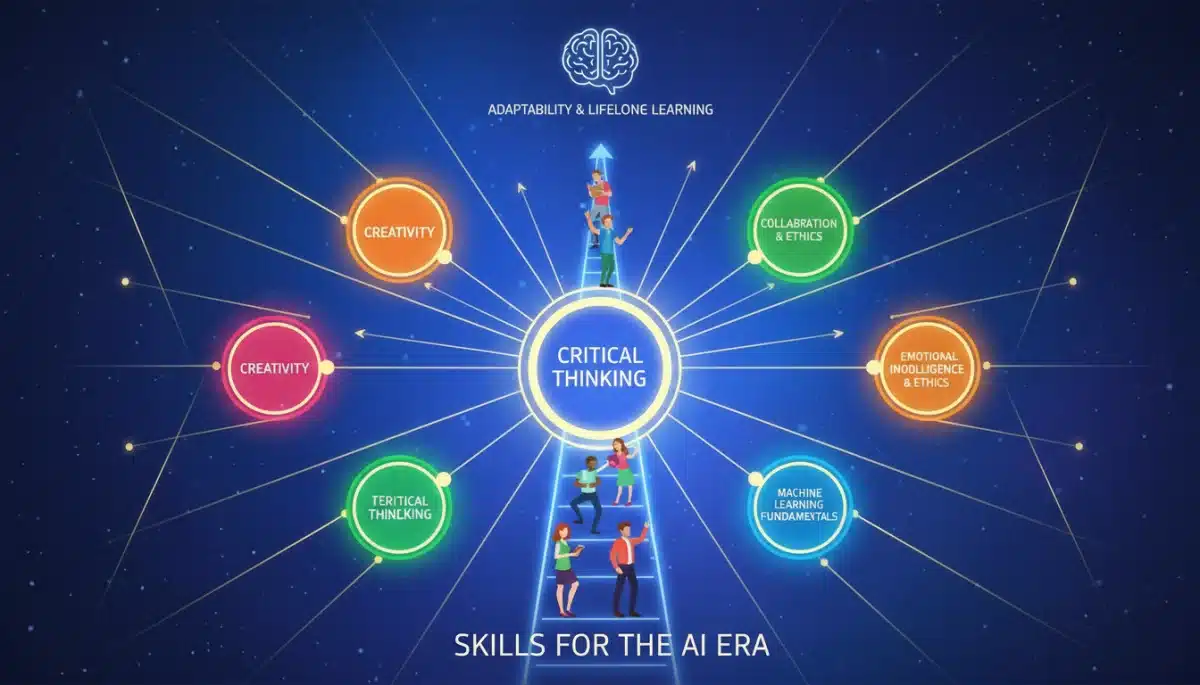 Infographic of essential skills for AI era: critical thinking, creativity, emotional intelligence, AI literacy