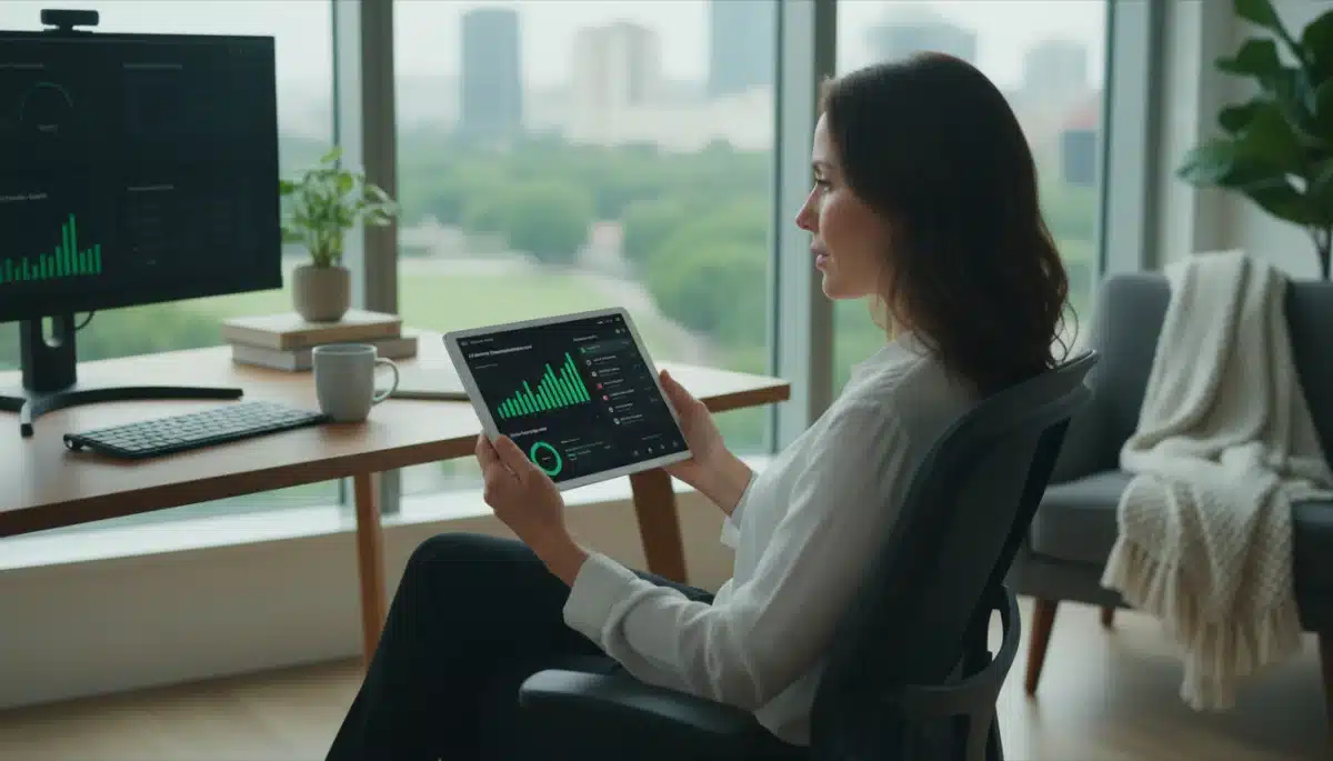 Individual managing personal finances with an AI-powered app on a tablet