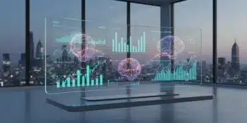Futuristic AI personal finance dashboard with data analysis and predictive insights