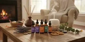 Aromatherapy for Holistic Living: Essential Oil Blends for American Homes Essential oil bottles and diffuser in a serene American home setting, promoting holistic wellness.