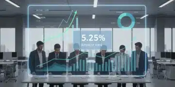 2026 Interest Rate Environment: Strategies for Businesses Business team analyzing financial data on a screen, focusing on 2026 interest rate projections