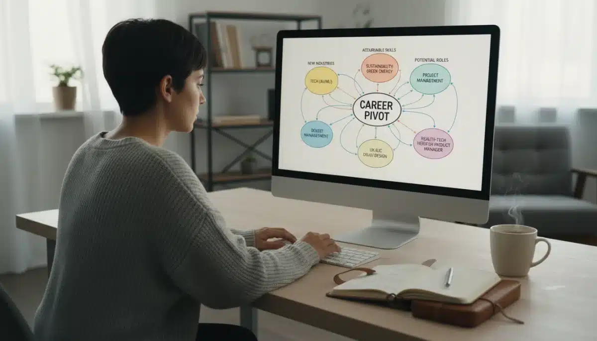 Individual planning a career pivot strategy with a mind map on a computer.