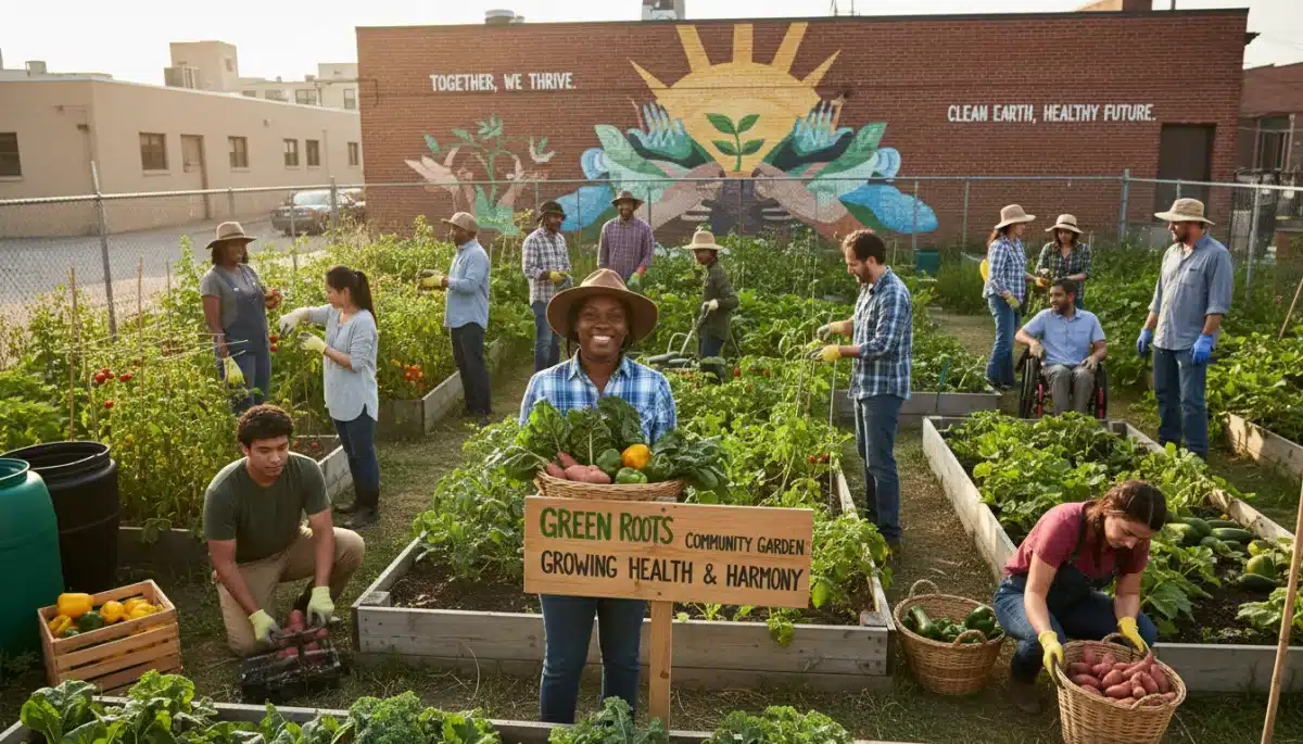 Community garden harvesting organic produce to reduce toxin exposure