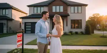 Couple celebrating new home purchase in 2026 with a sold sign