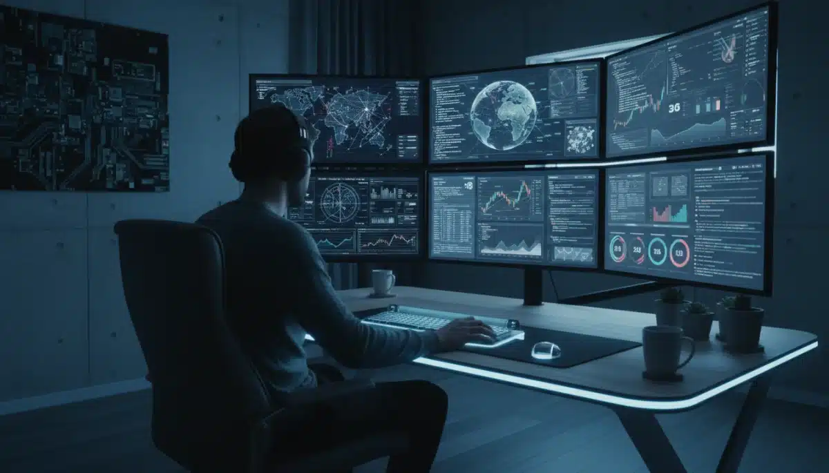 Individual analyzing complex data on multiple screens, demonstrating data literacy